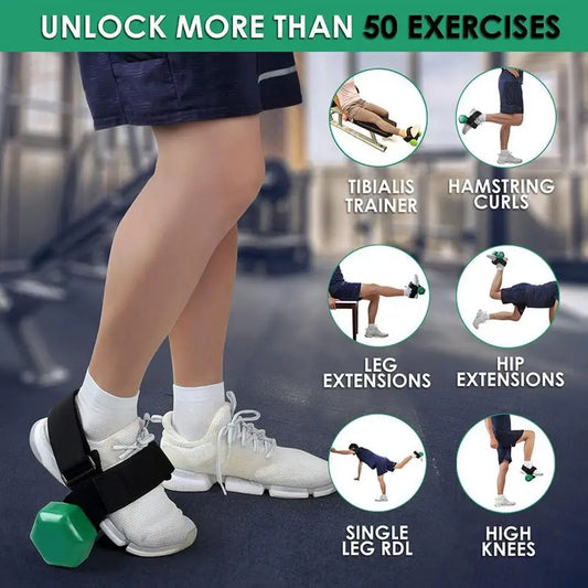 Dumbbell foot harness - attach dumbbells up to 100lb to bottom of feet for hip flexion, tib raises, and more!