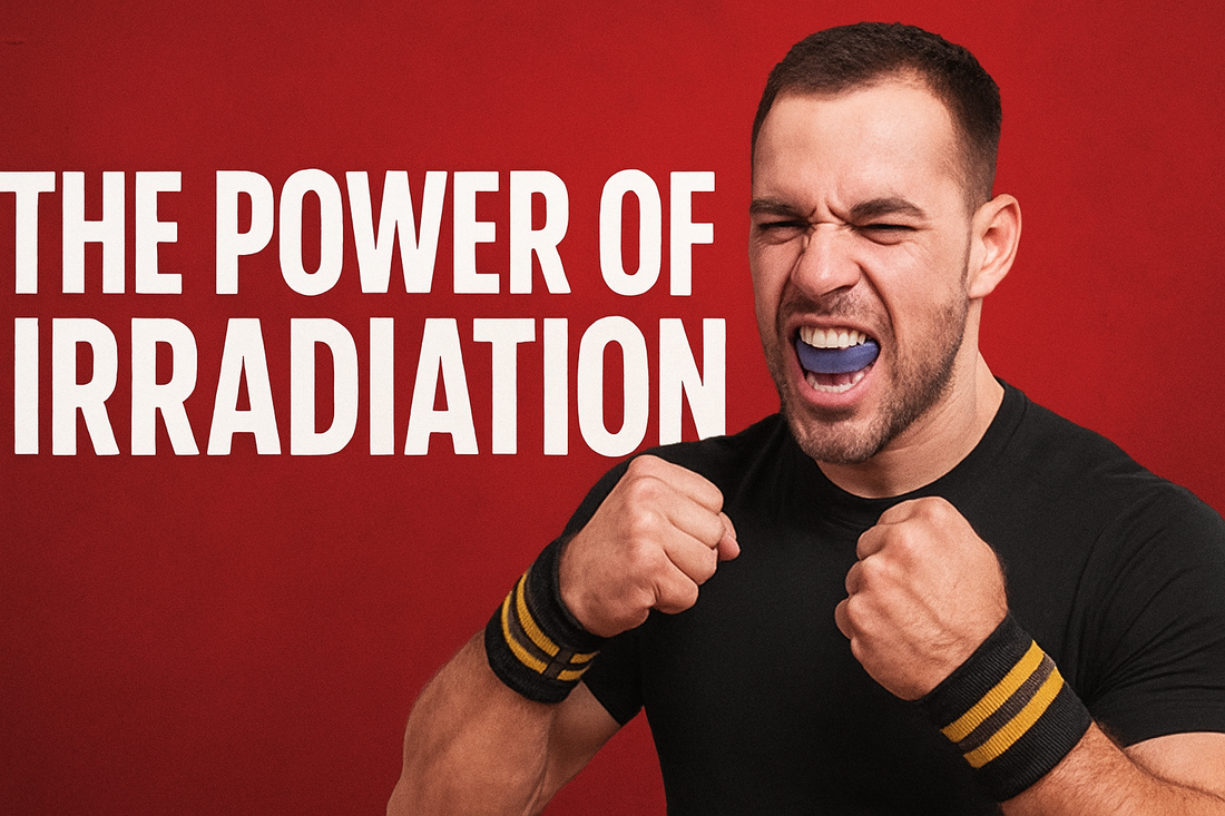 man clenches jaw and tenses body with wristwraps on, optimizing irradiation for improved performance